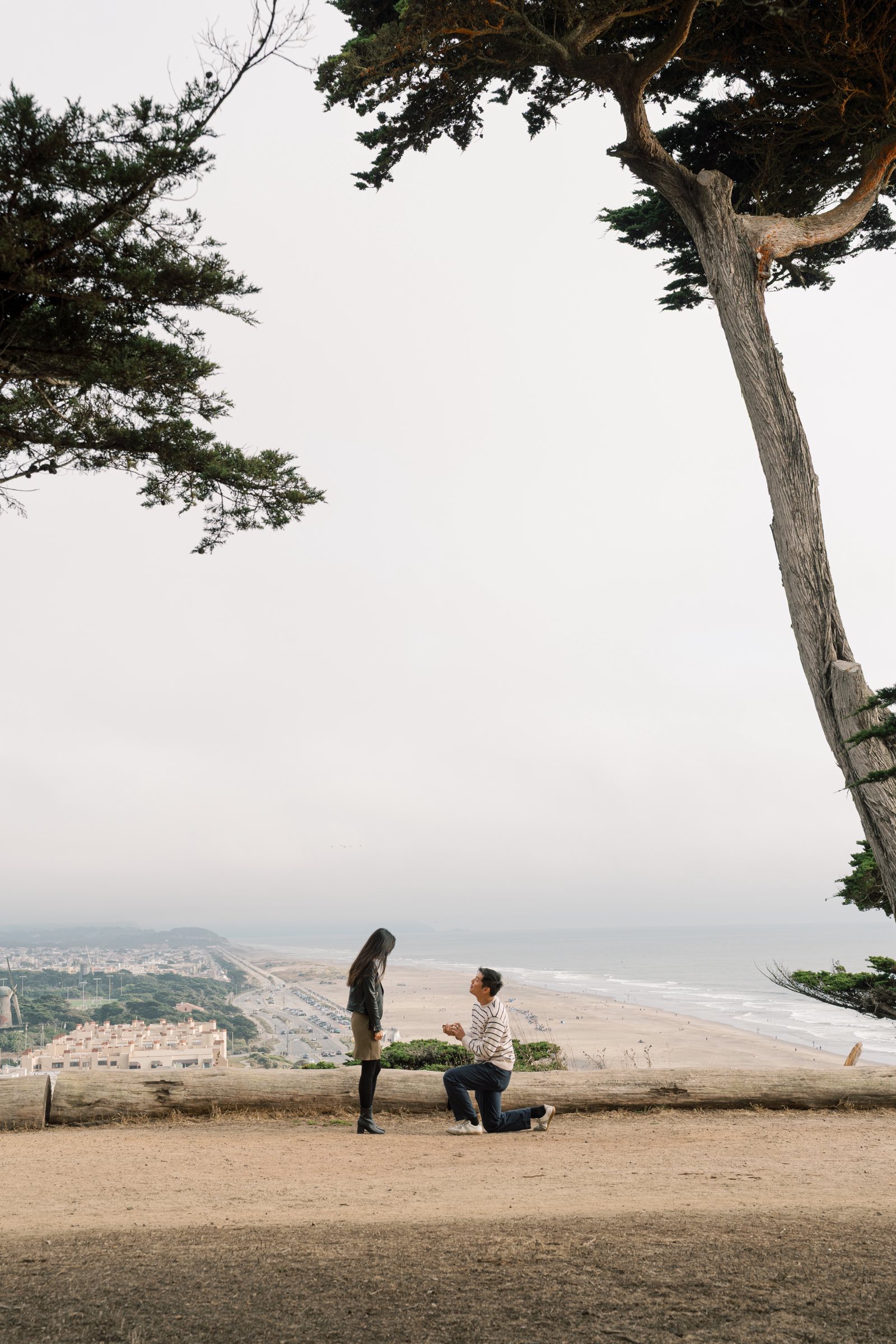 Karl proposing to Christine on a bluff above the beach